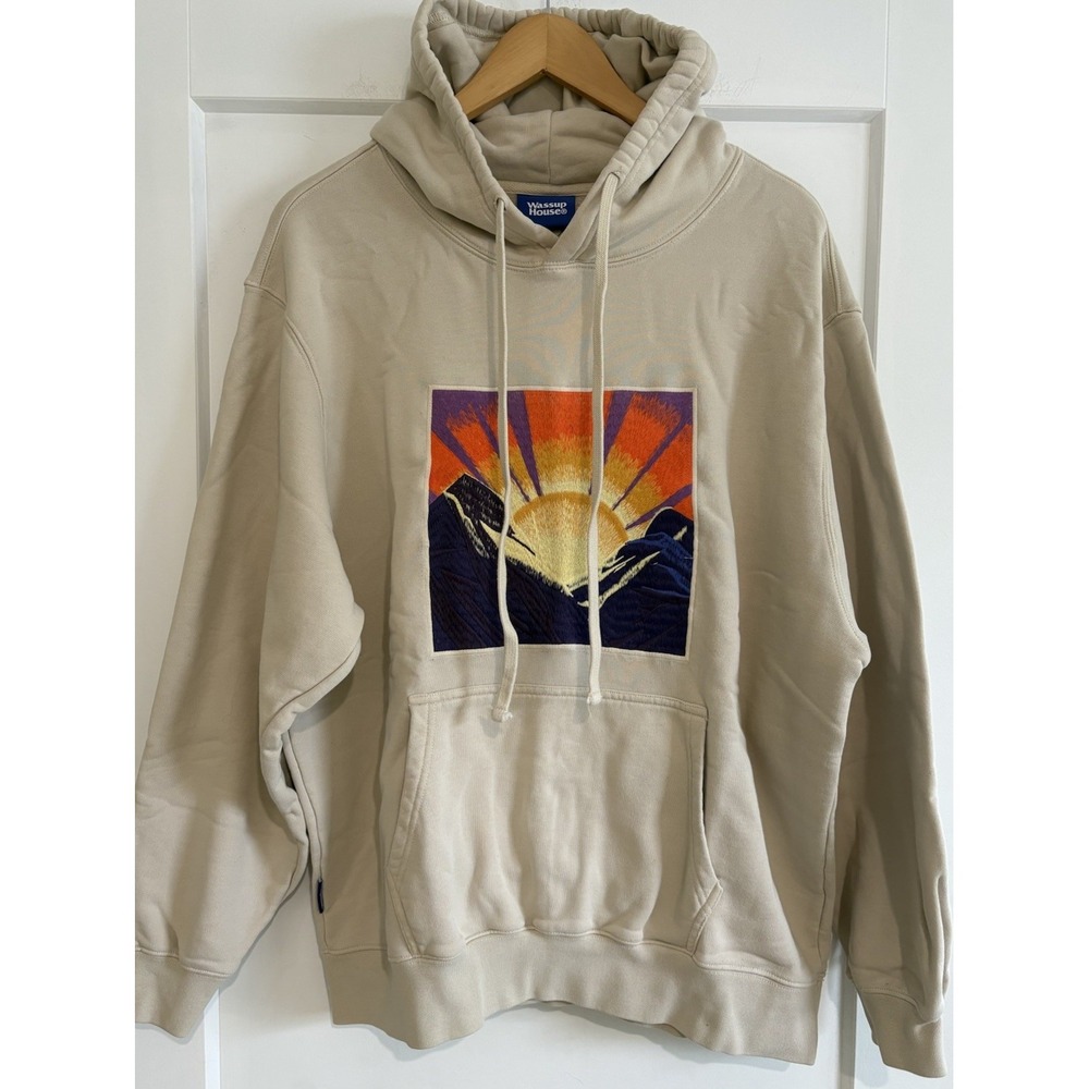 Wassup House Mountain Sunrise Embroidered Graphic Cozy Hoodie Heavyweight Tan XL